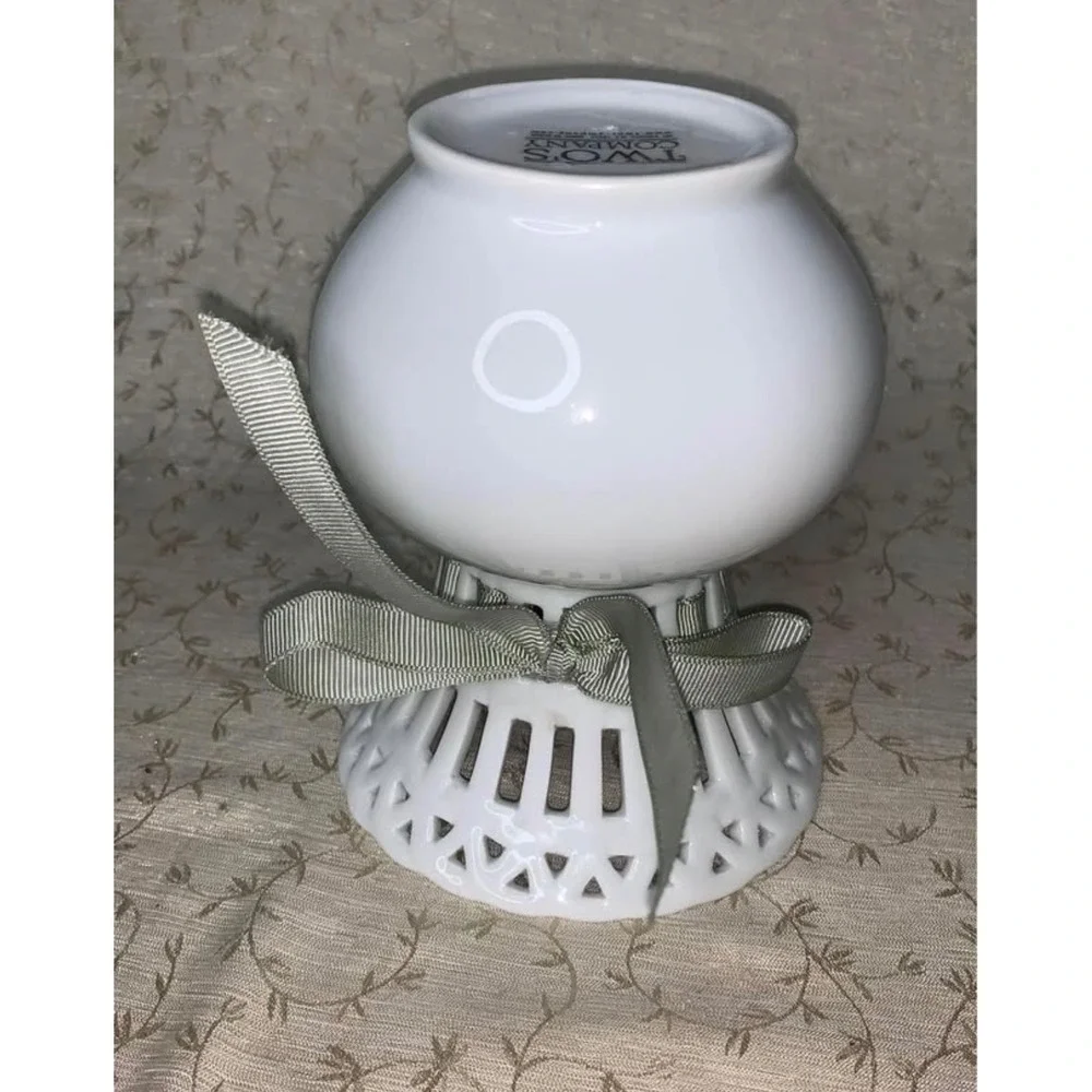 Two's Company Bridal Lace White Porcelain Reticulated Bud Vase Sage Green Ribbon